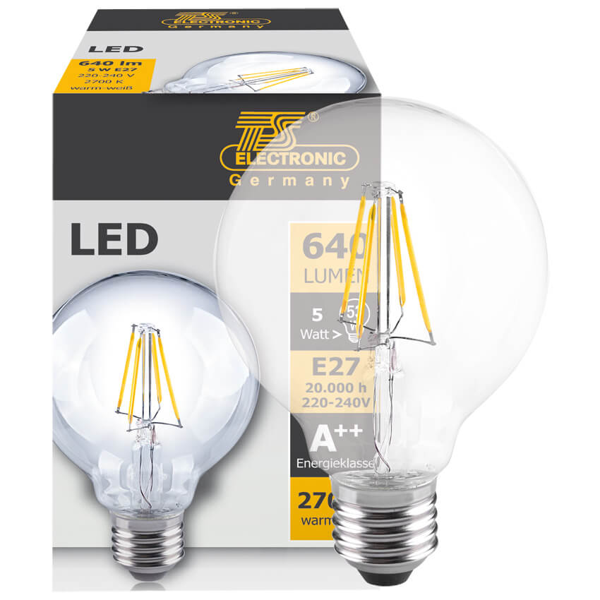 LED-Filament-Lampe,  Globe-Form, klar,  E27/5W, 640 lm