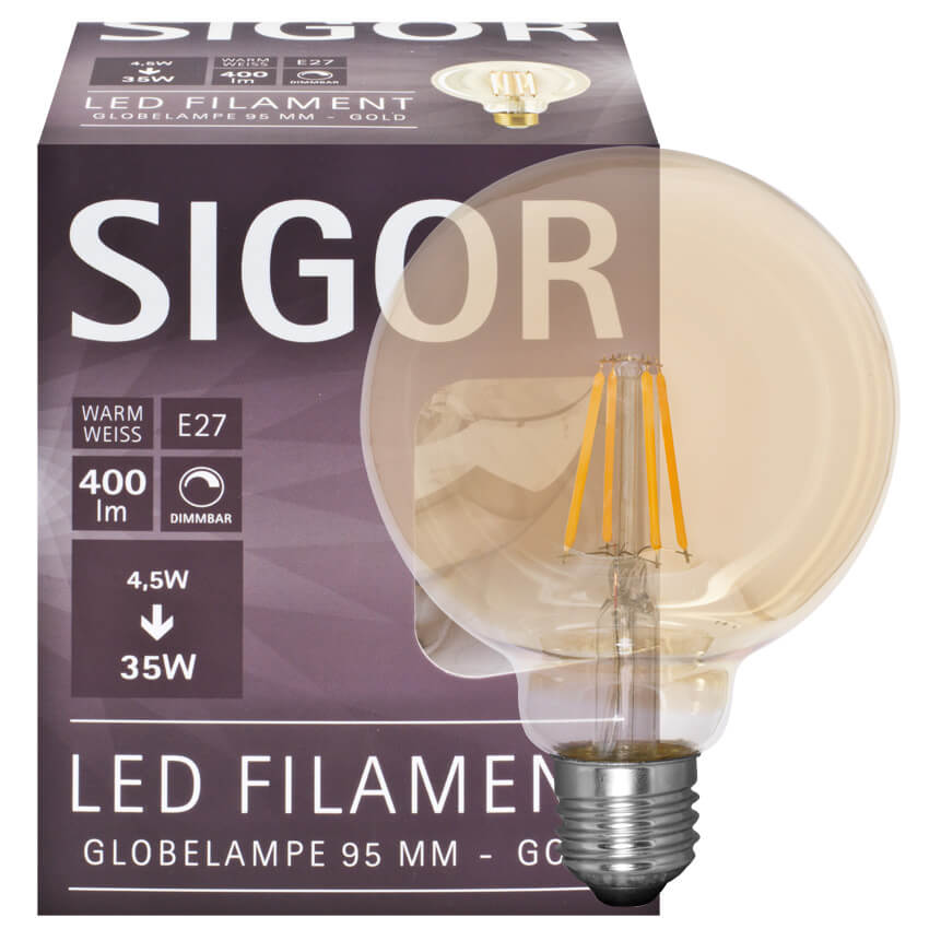 LED-Filament-Lampe, Globe-Form, goldfarben,  E27, 2500K
