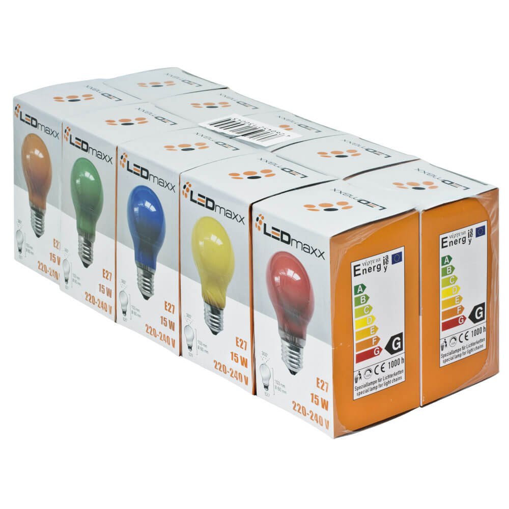 Lampen, AGL-Form, E27/15W, 10er-Pack,  je 2 rot, gelb, blau,  grn, orange