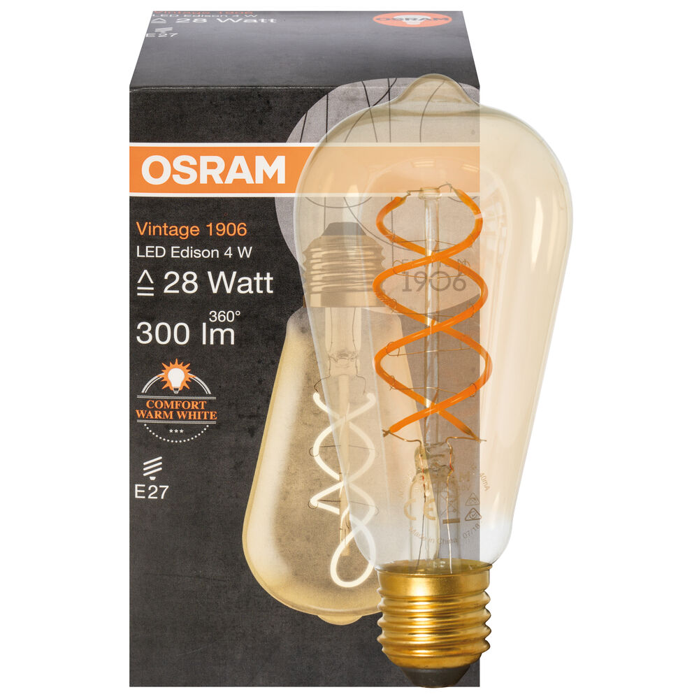 LED-Filament-Lampe, VINTAGE 1906, Edison-Form, gold, E27/4W (28W), 300 lm, 2000K, Spiral-Filament