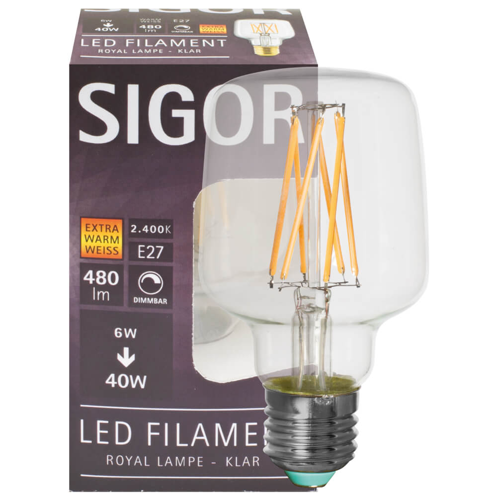 LED-Filament-Lampe, Royal-Form, klar, E27/6W, 480 lm, 2400K
