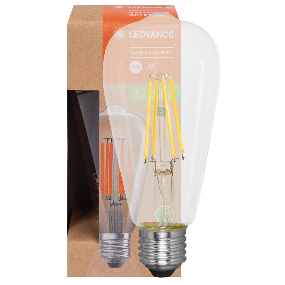 LED-Filament-Lampe, ULTRA EFFICIENTY, CLASSIC EDISON 60, Edison-Form, klar, E27/3,8W (60W), 840 lm, 3000K