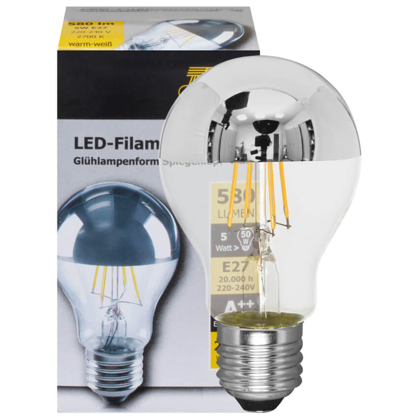 LED-Filament-Lampe,  AGL-Form,  Spiegelkopf silber,  E27
