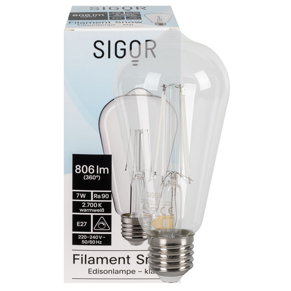 LED-Filament-Lampe, SNOW, Edison-Form, klar, E27/7W, 806 lm, 2700K