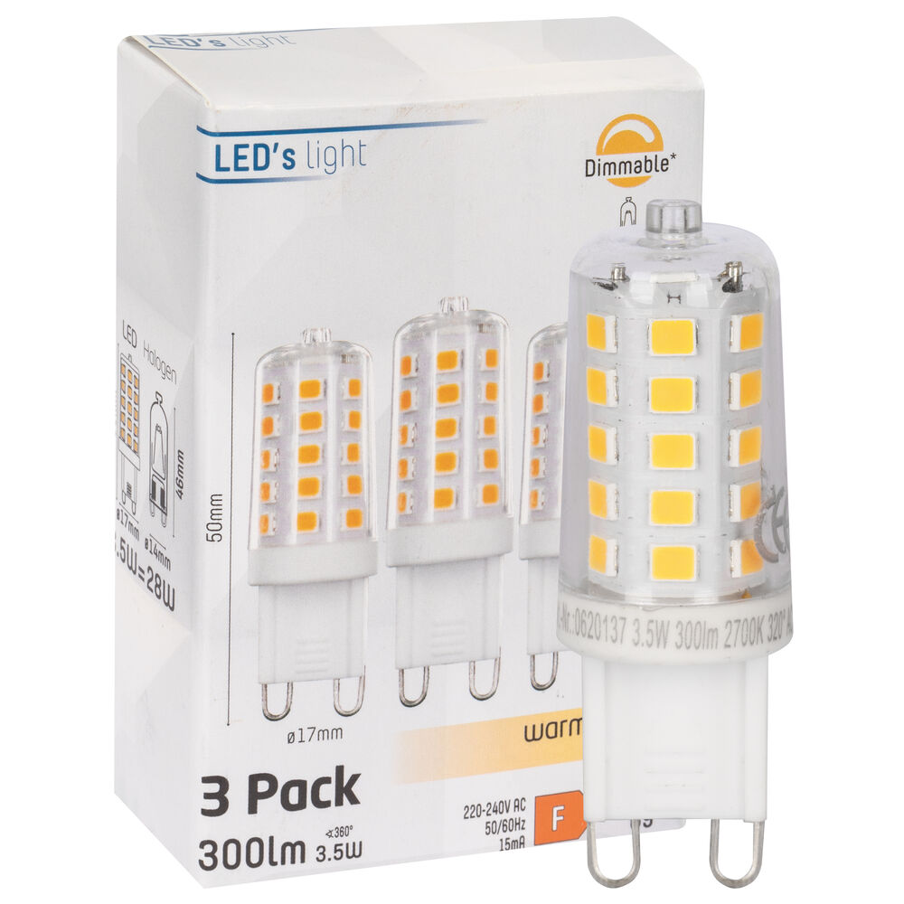 LED-Stiftsockellampe, 3er-Set, klar, G9/3,5W (28W), 300 lm,  2700K, dimmbar