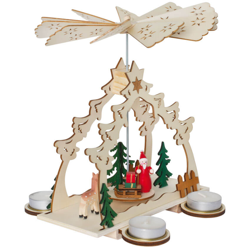 Weihnachtspyramide, Weihnachtsmann und Reh im Wald, für 4 Teelichter