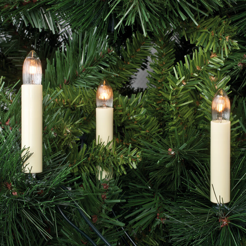 Weihnachtsbaumkette, 30 x E10/8V/3W, klar/elfenbein, mit Topkerzen