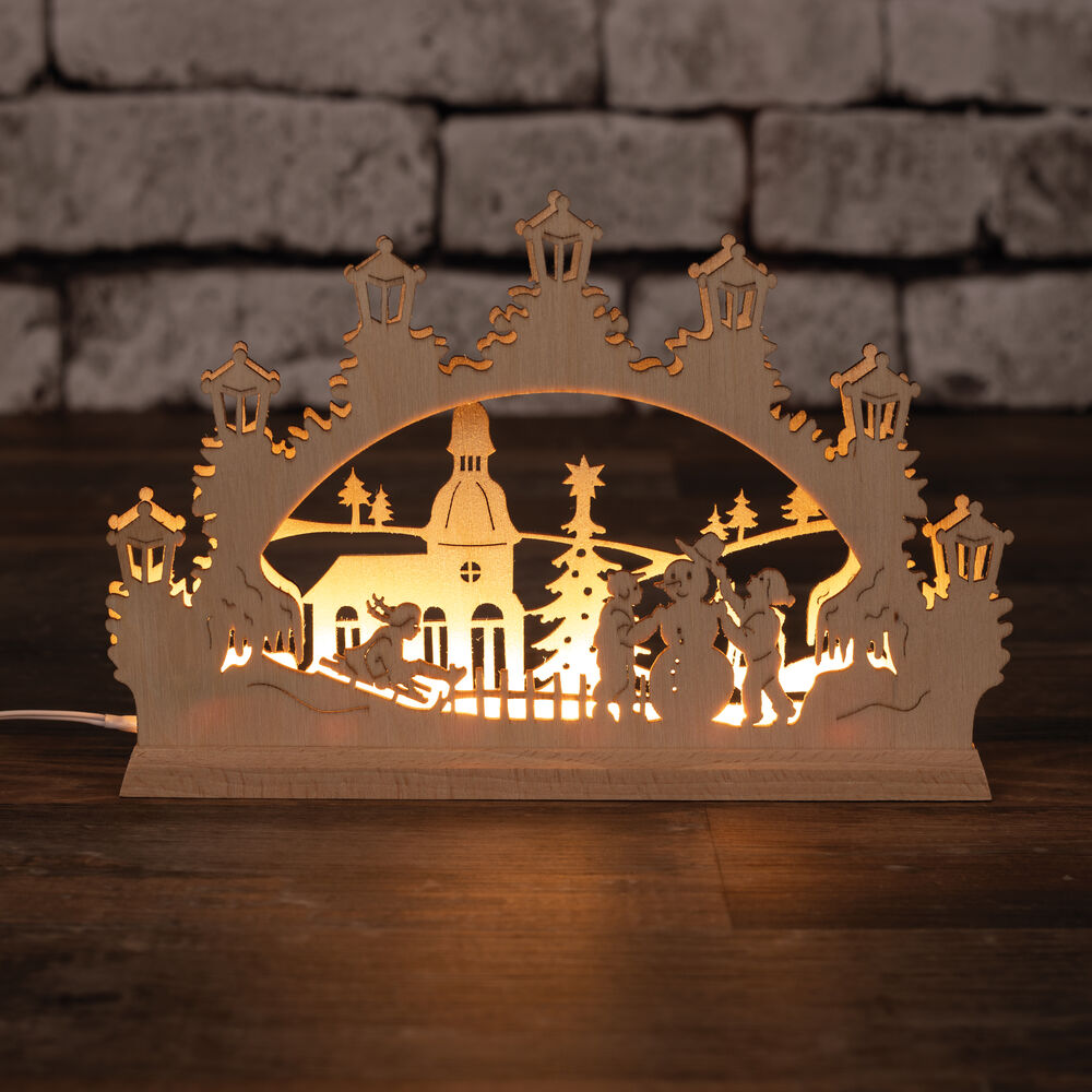 Weihnachtsleuchter, Premium line, Schlittenfahrt mit Schneemann, warmweie LEDs