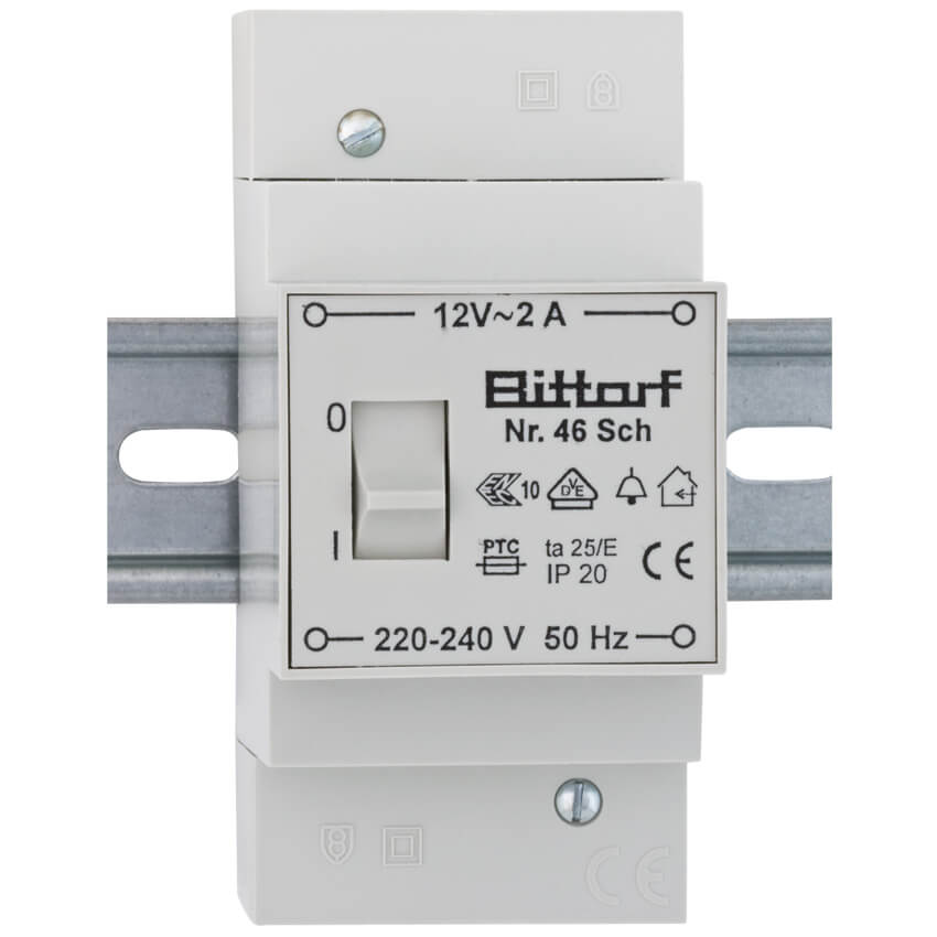 AP-Klingeltrafo, auch fr Reiheneinbau, mit Schalter, primr 220-240V, sekundr 12V/2A