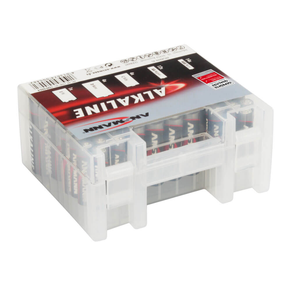 Batterien-Paket mit 35 Batterien, Alkali-Mangan, in robuster tragbarer Kunststoff-Vorratsbox