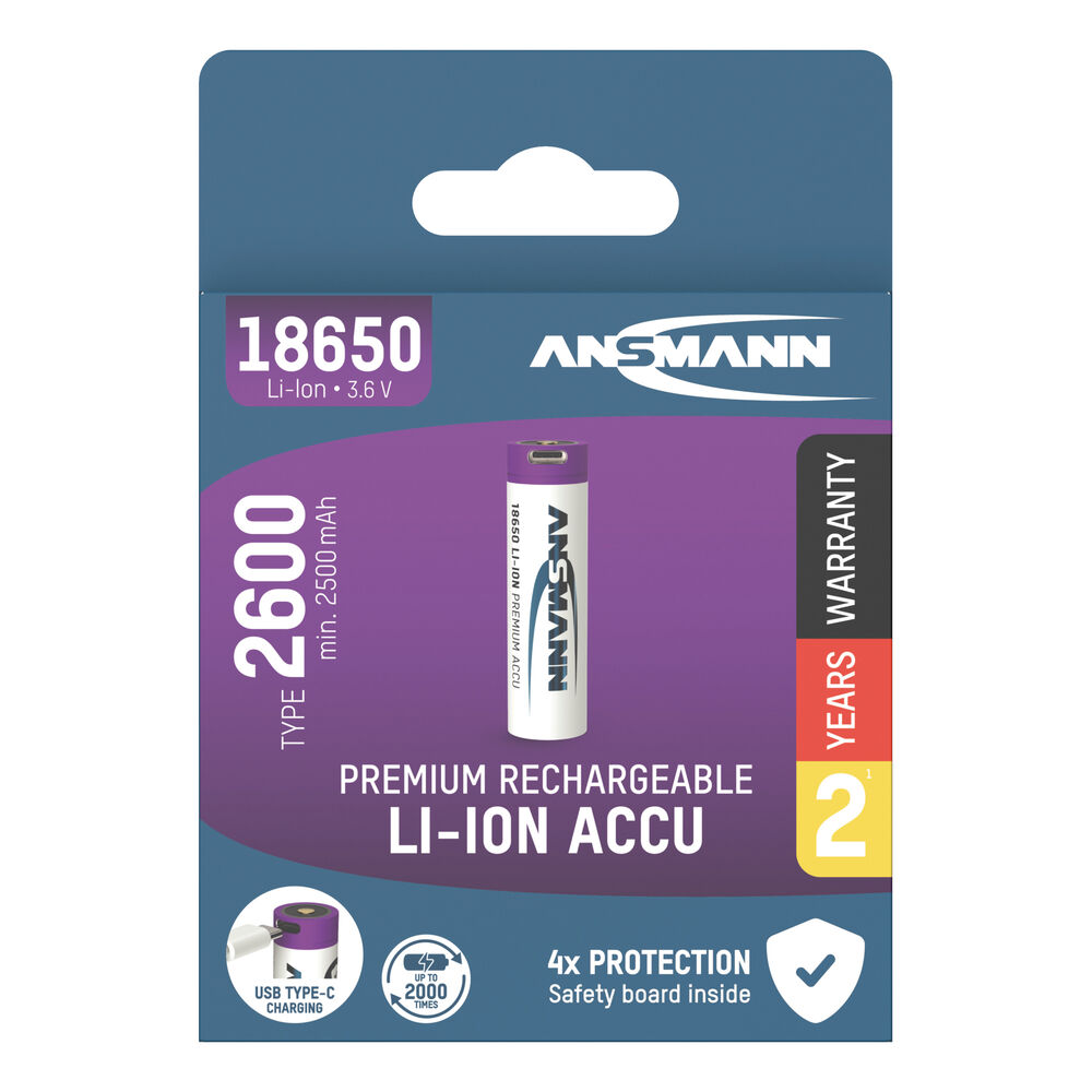 LI-ION-Akku, 18650 Rundzelle, 3,6V/2.600 mAh, Blisterware, mit integriertem USB-C Ladeport