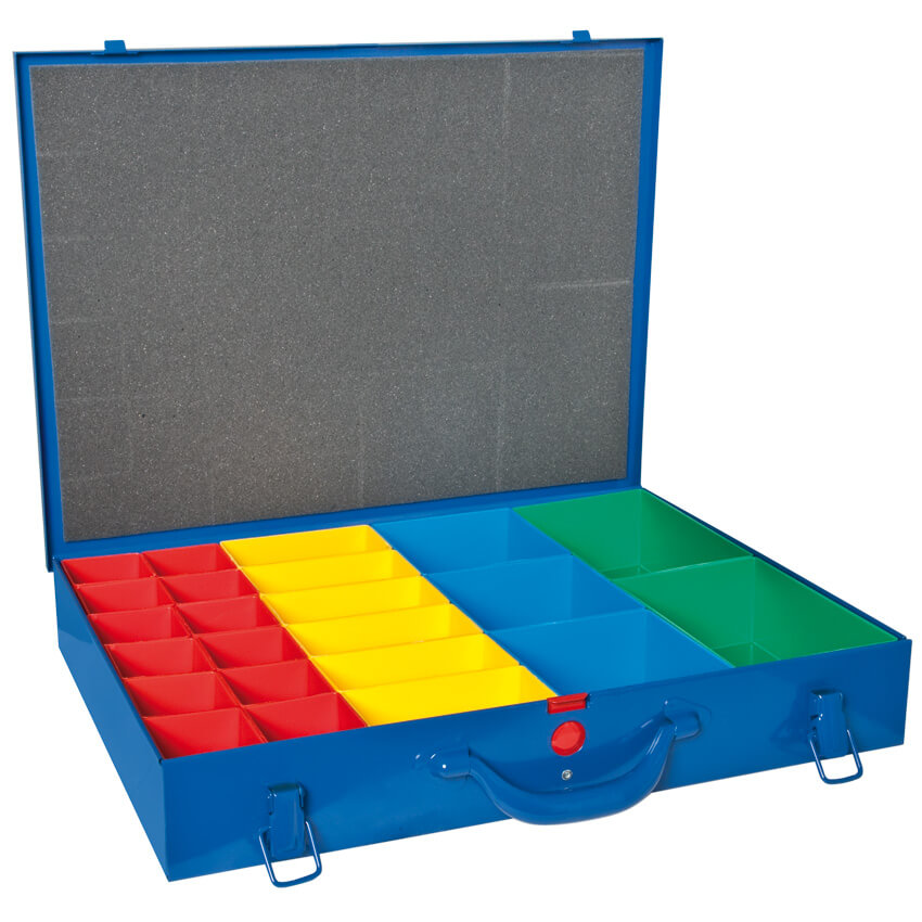 Kleinteile-Magazinkoffer, 23 Insertboxen, farbig sortiert