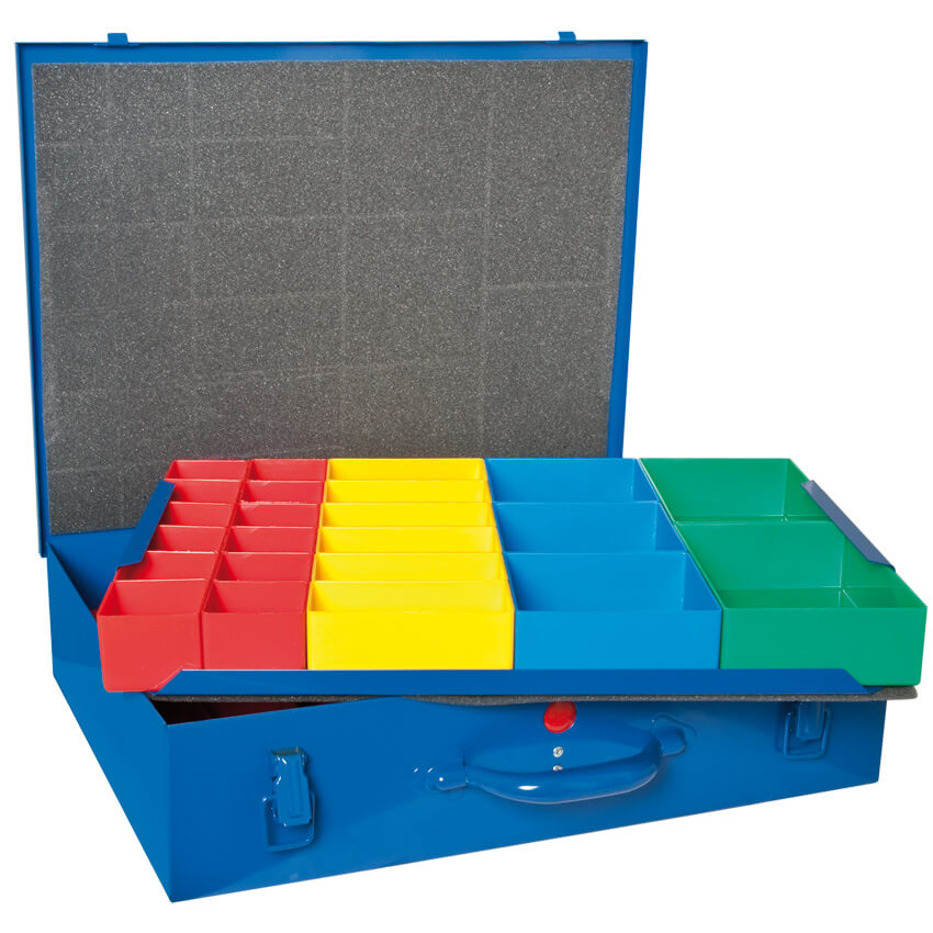 Kleinteile-Magazinkoffer, 59 Insertboxen, doppellagig, farbig sortiert