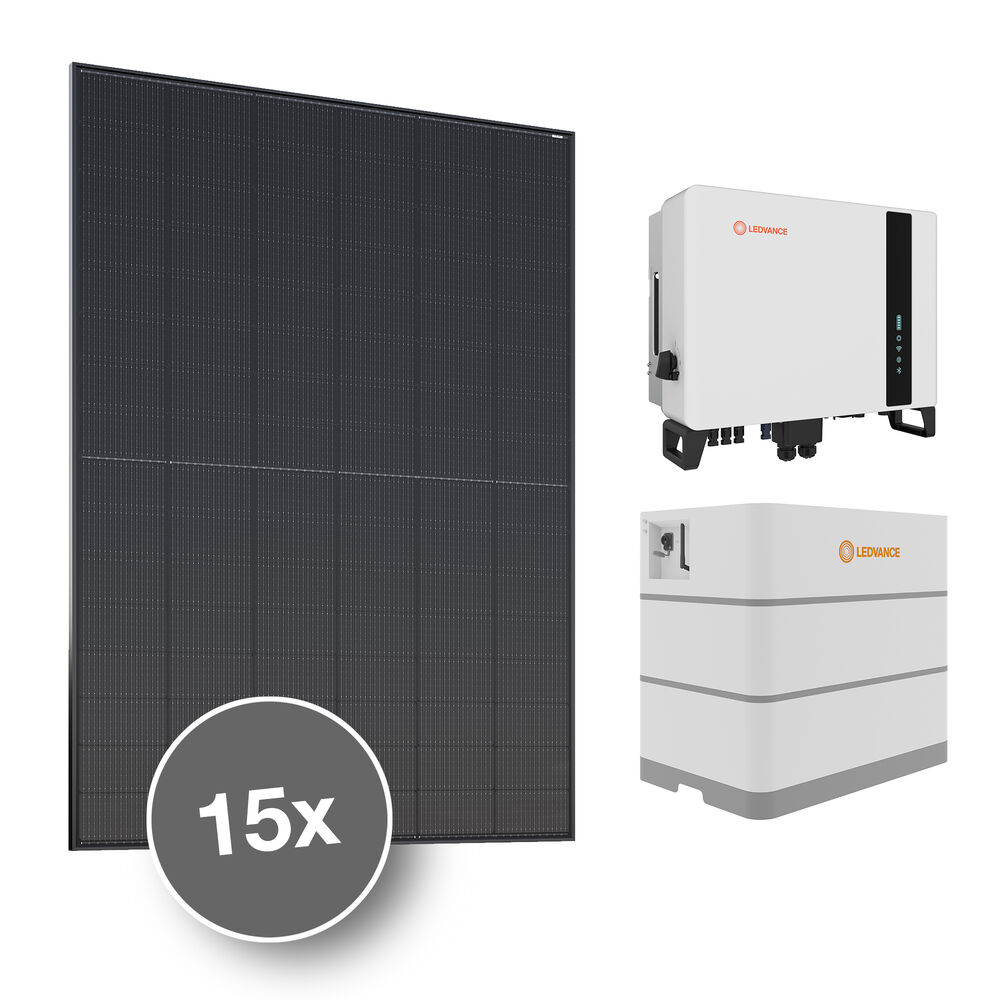 Photovoltaik-Anlage, RENEWABLES-SET, 15x Glas-Modul, FULL BLACK, 6,675 kWp, 1x Hybrid-Wechselrichter, 6 kW, 2x Hochvoltbatteriemodul, 8,192 kWh