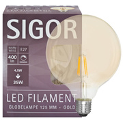 LED-Filament-Lampe,<BR>Globe-Form, goldfarben, <BR>E27/4,5W, 400 lm,<BR>2500K