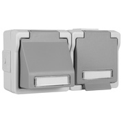 Datendose,<BR>fr 1+2 Universal-Module<BR>und Schutzkontaktsteckdose<BR>mit Klappdeckel