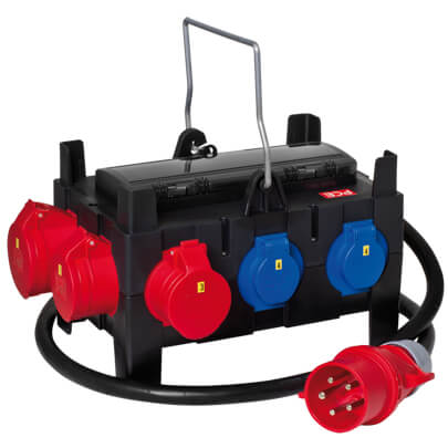 Mobile CEE- Steckdosenverteilung, ISCHL, Eingang: 32A CEE-Leitung, 2 m, 2 x 16A CEE, 1 x 32A CEE, 6 x Schutzkontakt-Steckdosen
