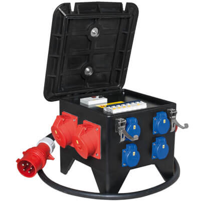 Mobile CEE- Steckdosenverteilung, SPITZ, Eingang: 32A CEE-Leitung, 2 m, Ausgang: 2 x 16A CEE, 2 x 32A CEE, 4 x Schutzkontakt-Steckdosen