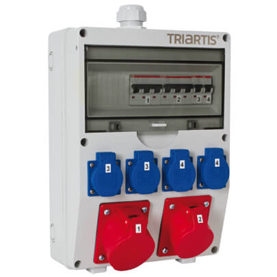 CEE-Steckdosenverteilung, TRIARTIS-BOX, Ausgang: 4 x Schutzkontakt-Steckdosen, 1 x 32A CEE, 1 x 16A CEE
