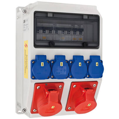 CEE-Steckdosenverteilung, ANIF Ausgang: 4 x Schutzkontakt-Steckdosen, 1 x 32A CEE, 1 x 16A CEE 