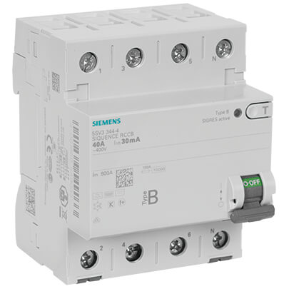 allstromsensitiver FI-Schutzschalter, SIQUENCE RCCB 5SV3, kurzzeitverzgert, 4-polig, Typ B, 4 TE
