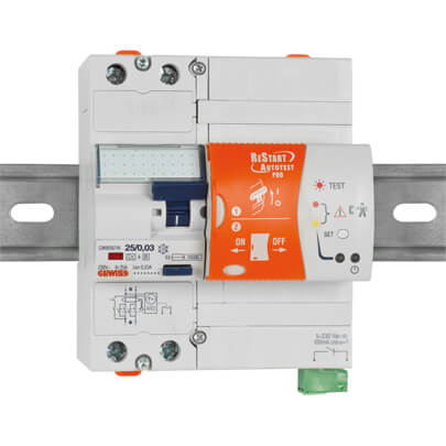 FI-Schutzschalter, 2-polig, 25A/0,03, RESTART AUTOTEST PRO, mit automatischer Wiedereinschaltung, 5 TE