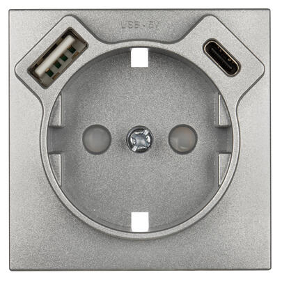 Zentralplatte, fr Schutzkontaktsteckdose, 1 x USB-A + 1 x USB-C, LOGUS 90, alu-silber