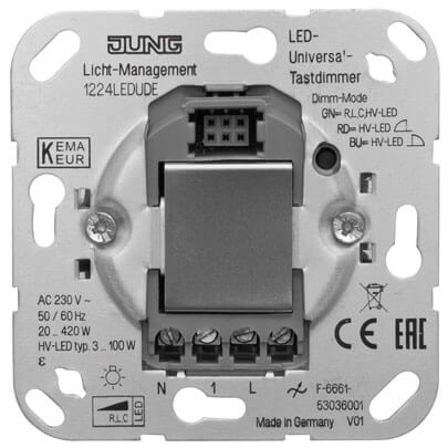 Dimmer-Schaltereinsatz, LED-Dimmer, Tastdimmer, Phasenanschnitt-/abschnitt, 3-100W/VA