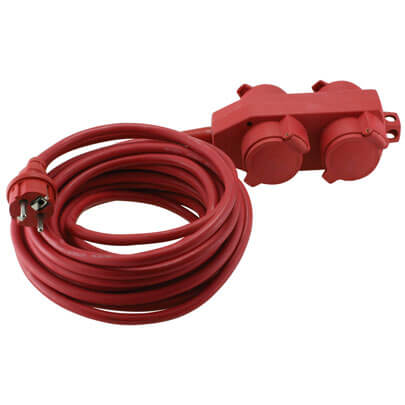 Schutzkontakt-Gummi- Verlngerung, H07 RN-F 3G x 1,5, 10 m, rot, mit 4-fach Kupplung