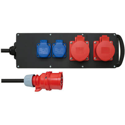 CEE-Blockverteiler, Vollgummi, Eingang: 16A CEE-Leitung, 1,8 m, Ausgang: 2 x 16A CEE, 2 x Schutzkontakt-Steckdosen