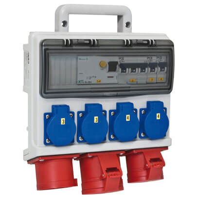 Mobile CEE- Steckdosenverteilung, HORN, Eingang: 32A CEE, Ausgang: 1 x 32A CEE, 1 x 16A CEE, 4 x Schutzkontakt-Steckdosen