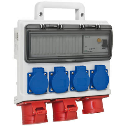 Mobile CEE- Steckdosenverteilung, HORN, Eingang: 16A CEE, Ausgang: 2 x 16A CEE, 4 x Schutzkontakt-Steckdosen