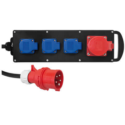 CEE-Blockverteiler, Vollgummi, Eingang: 16A CEE-Leitung, 1,5 m, Ausgang: 1 x 16A CEE, 3 x Schutzkontakt-Steckdosen