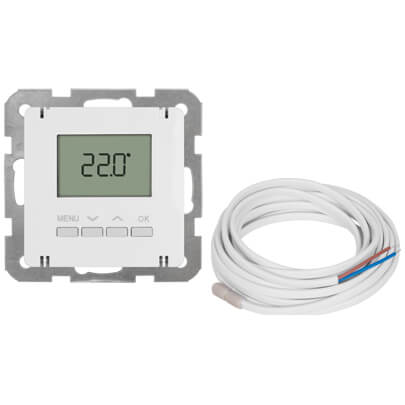 Kombi-Raumthermostat, elektronisch, Zentralplatte 55 x 55 mm, LCD-Display, mit Fernfhler (3 m), reinwei