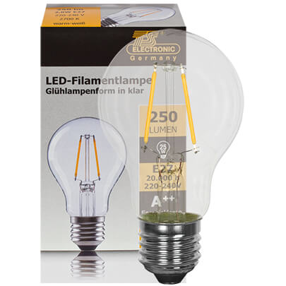 LED-Filament-Lampe,  AGL-Form, klar,  E27/2,5W (25W), 250 lm, 2700K