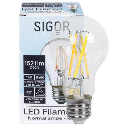 LED-Filament-Lampe, AGL-Form, klar, E27/11W (100W), 1.521 lm, 2700K bis 2200K