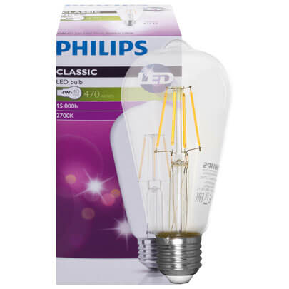 LED-Lampe, Edison-Form,  E27/240V/4W, klar, 470 lm,  2700K, L 140,  64