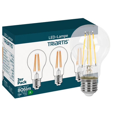 LED-Filament-Lampe, 3er-Set, AGL-Form, opal E27/3,8W (60W), 806 lm, 2700K