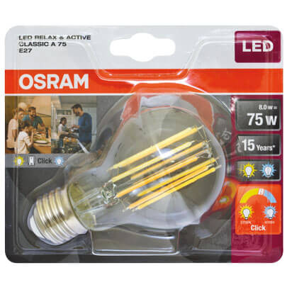 LED-Filament-Lampe, PARATHOM CLASSIC A, RELAX & ACTIV, AGL-Form, klar, E27/8W (75W), 1.055 lm, 2700K + 4