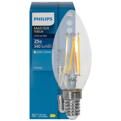 LED-Filament-Lampe, MASTER Value, LEDcandle, Kerzen-Form, klar, E14, 2700K bis 2200K