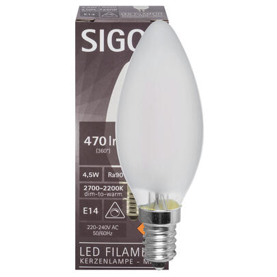 LED-Filament-Lampe, Kerzen-Form, matt, E14/4,5W, 470 lm, 2200/2700K