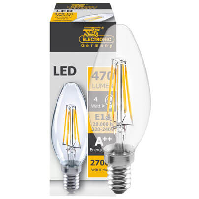 LED-Fadenlampe, Kerze, E14/4W, klar, 470 lm, 2700K, L 96,  35