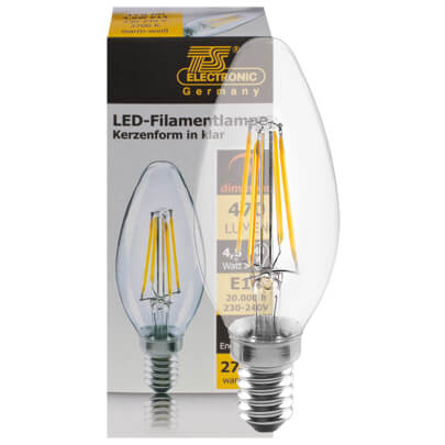 LED-Filament-Lampe,  Kerzen-Form, klar,  E14/4,5W, 470 lm