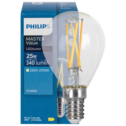 LED-Filament-Lampe, MASTER Value, Tropfen-Form, klar, E14, 2200 - 2700K