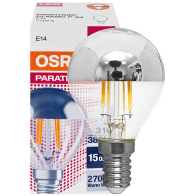 LED-Filament-Lampe, CLASSIC P MIRROR, Tropfen-Form, silber verspiegelt, E14/4W, 350 lm, 2700K