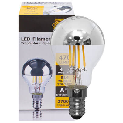 LED-Filament-Lampe, Tropfen-Form, Spiegelkopf/klar, E14/4W, 400 lm, 2700K