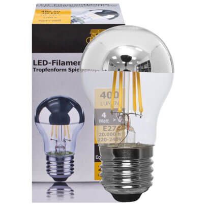 LED-Filament-Lampe, Tropfen-Form, Spiegelkopf silber,  klar, E27/4W, 400 lm