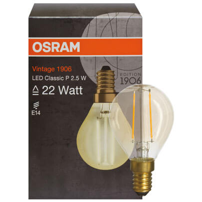 LED-Filament-Lampe, VINTAGE 1906, Tropfen-Form, gold, E14/2,5W (22W), 220 lm, 2400K