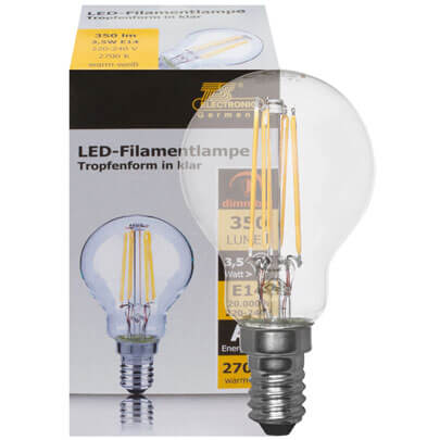 LED-Filament-Lampe,  Tropfen-Form, klar,  E14/4,5W, 470 lm, 2700K
