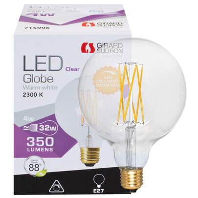 LED-Filament-Lampe,  Globe-Form, E27/4W,  klar, 350 lm, L 172,  125